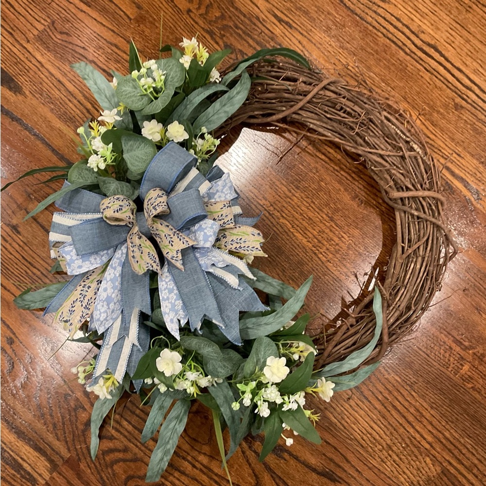 Blue Floral Grapevine Holiday Wreath with Bow